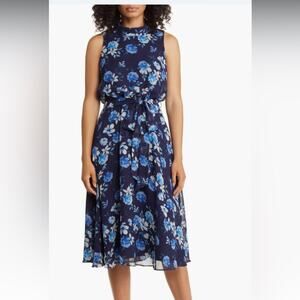 Eliza J Floral Tie Belt Chiffon Blue Mock Neck Dress size 14